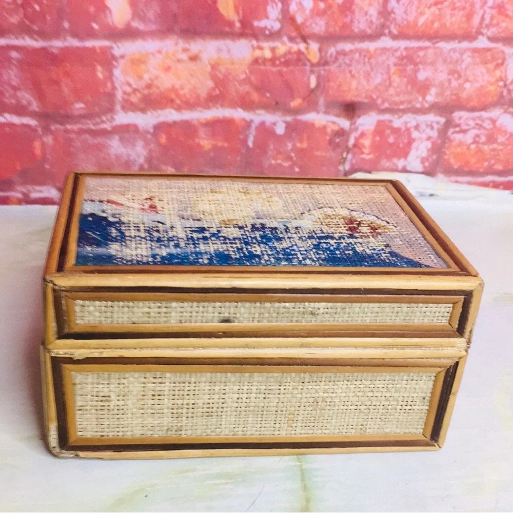 Vintage MCM Woven Rattan Bamboo Naitical Trinket Box